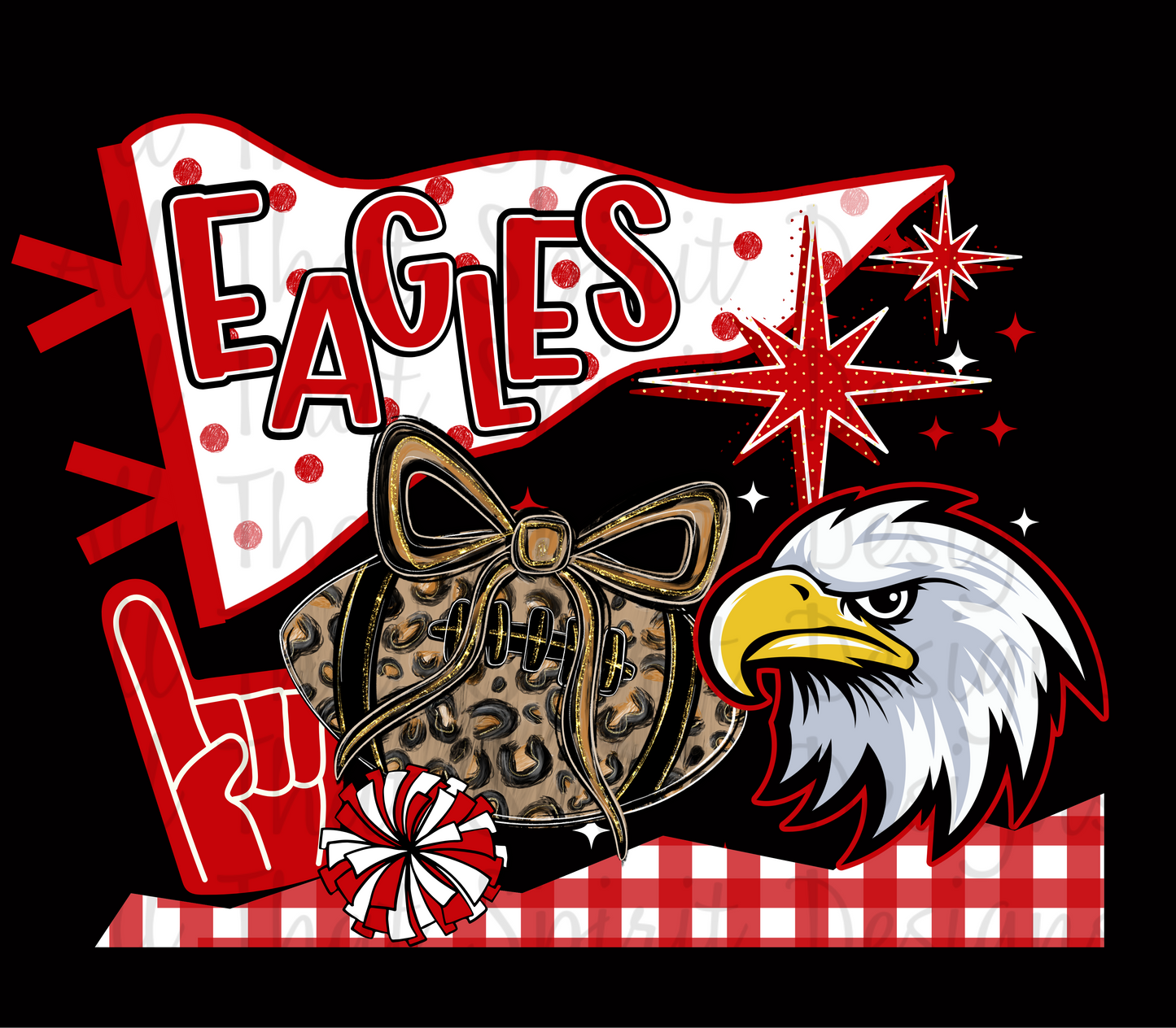 Design with 'EAGLES' text, bow, foam finger, and eagle on a checkered background